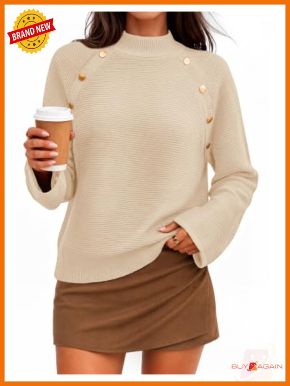 Mock Neck Ribbed Knit Pullover Sweater with Gold Button Shoulder Detail